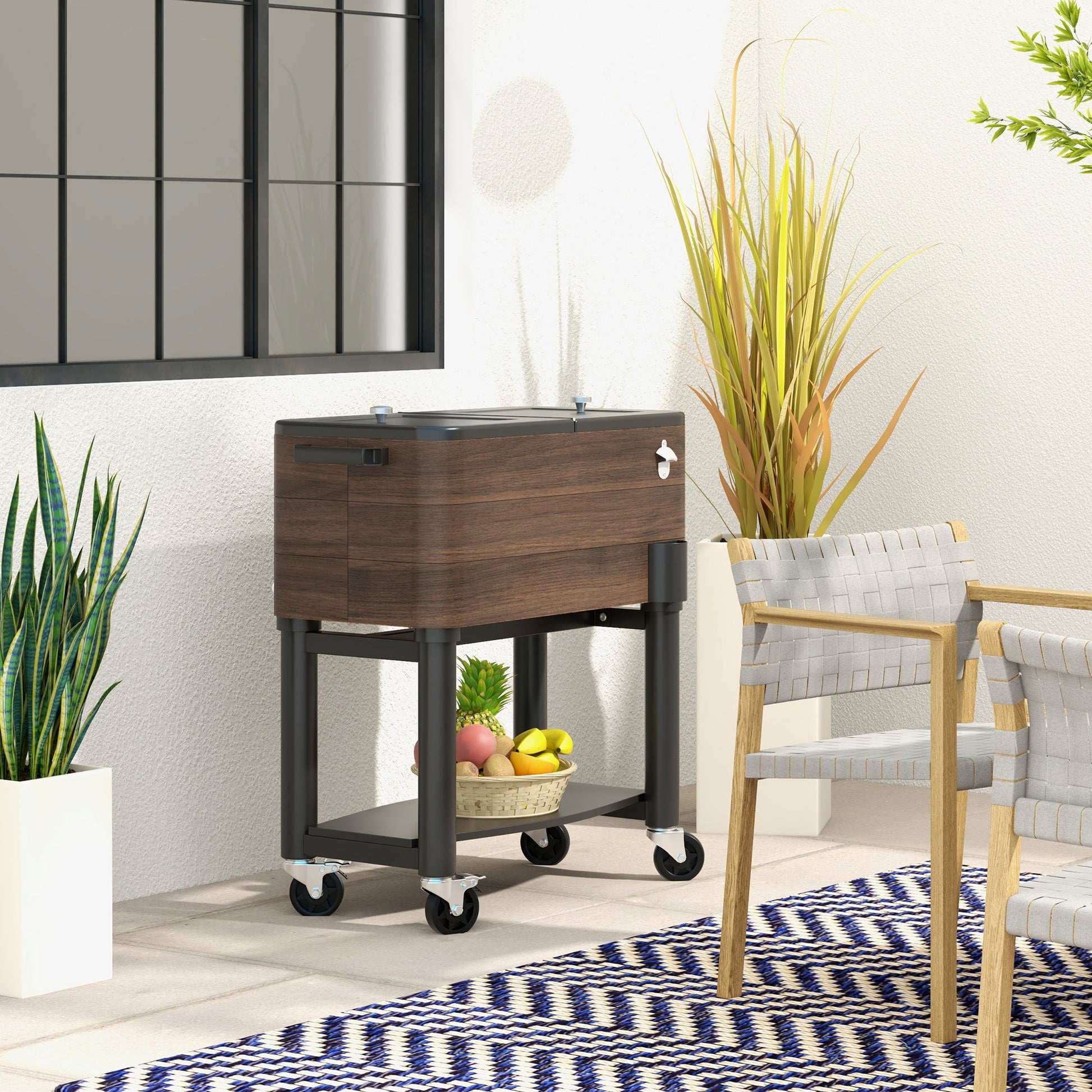 Outsunny Outdoor Cooler Cart, Rolling Beverage Ice Chest, Rugged Steel Patio Cooler With Locking Wheels, 60 Quart Capacity For Poolside Bbqs, Brown Brown Plastic