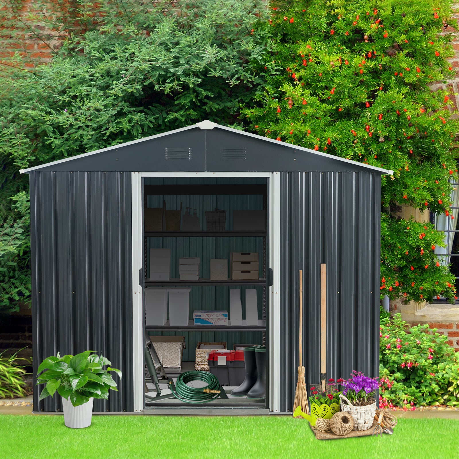 8Ft X 10Ft Outdoor Metal Storage Shed With Floor Base,Black Black Iron