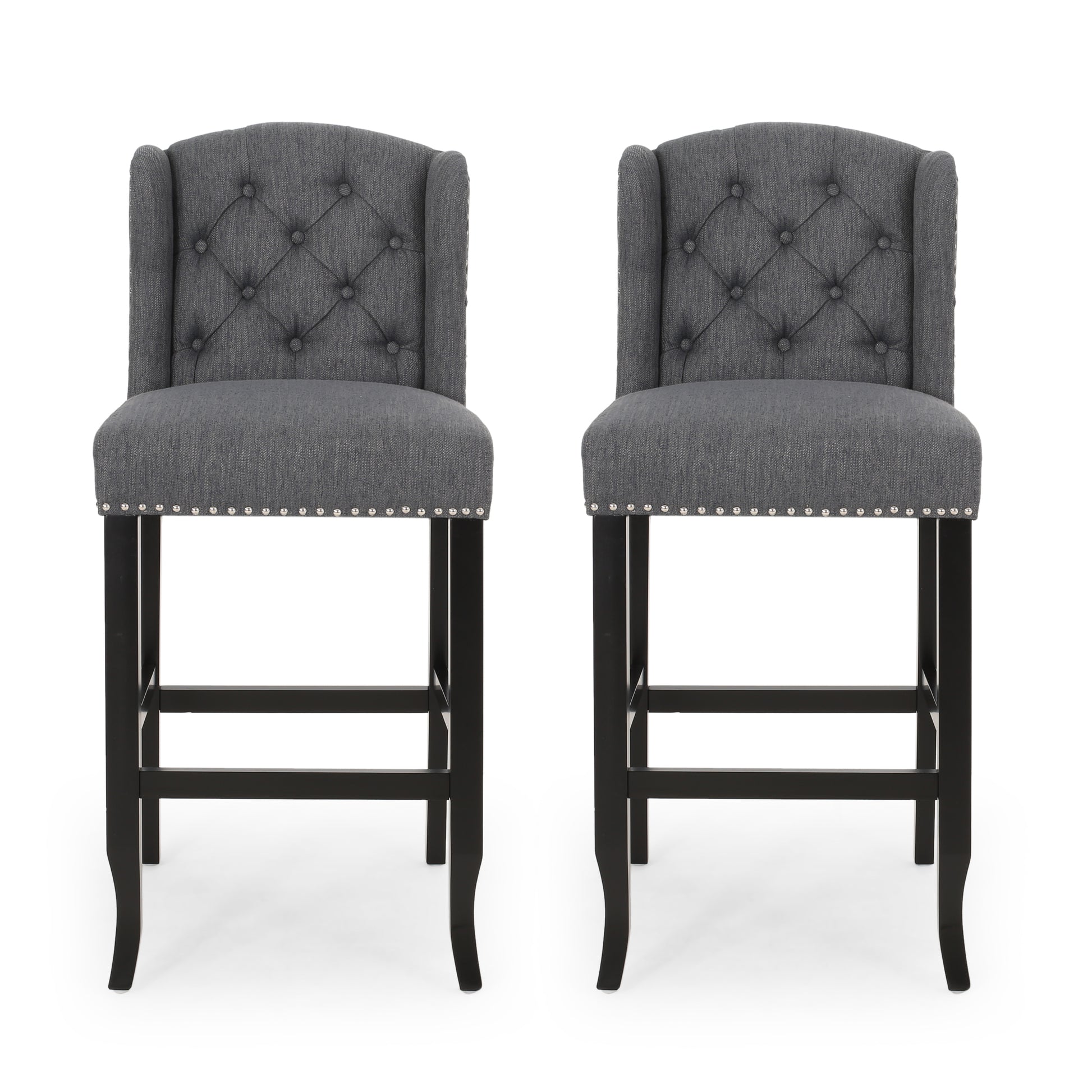 Vienna Contemporary Fabric Tufted Wingback 31 Inch Counter Stools, Set Of 2, Charcoal And Dark Brown Charcoal Fabric