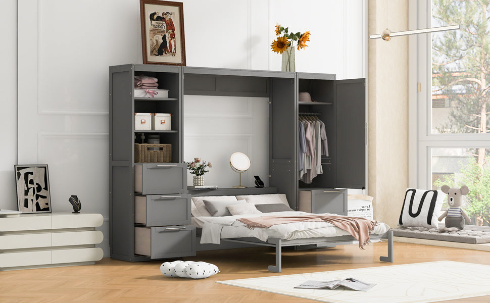 Queen Size Murphy Bed Wall Bed With Closet ,Drawers And Shelves,Gray Queen Gray Mdf Lvl