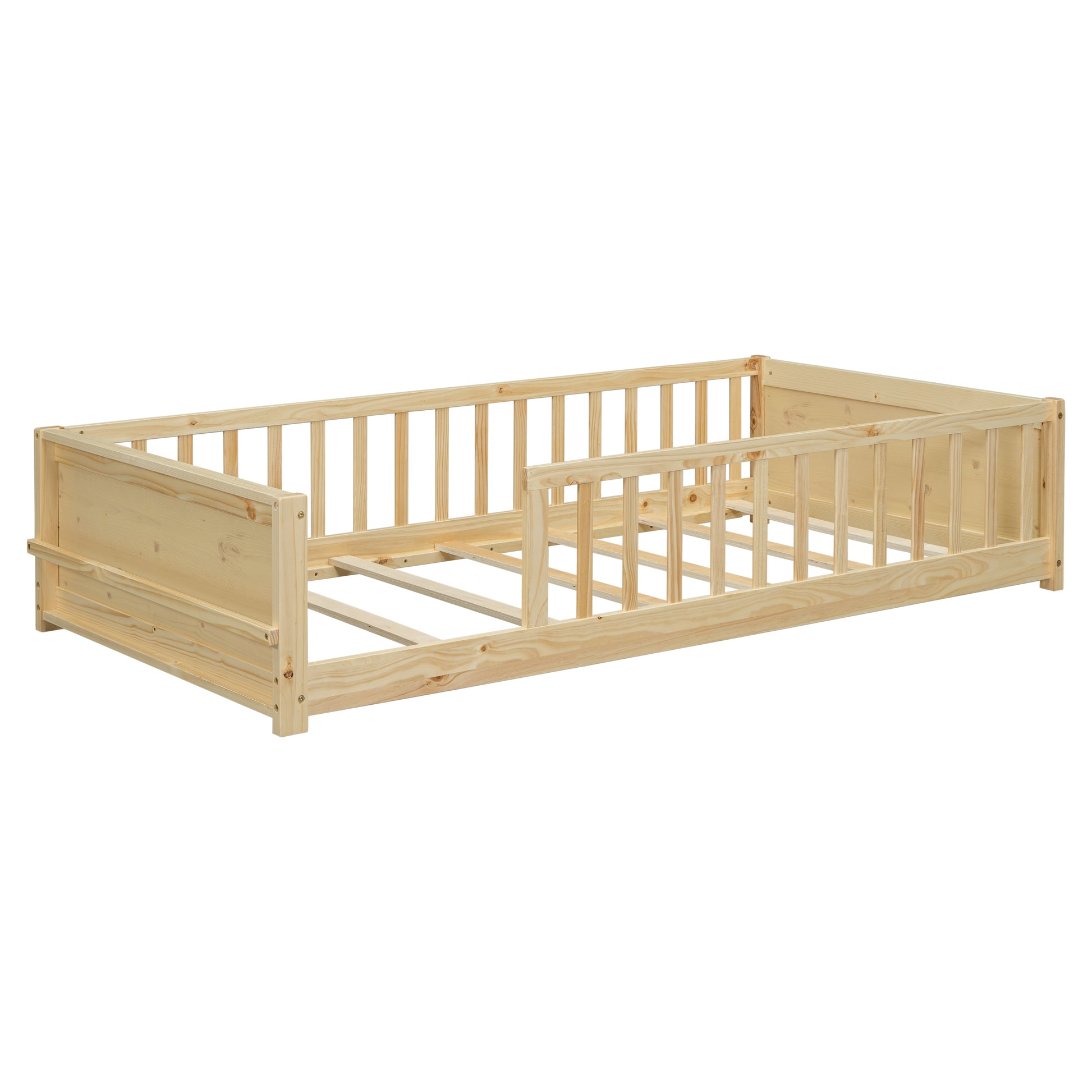 Twin Size Floor Platform Bed With Built In Book Storage Rack,Natural Twin Natural American Design Pine