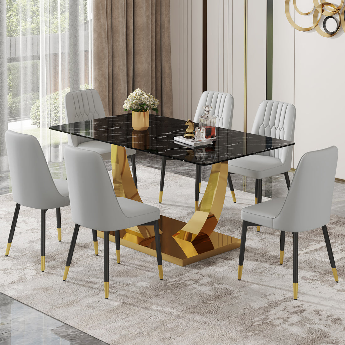 Table And Chair Set.Modern Rectangular Dining Table With Black Textured Stickers Glass Tabletop And Gold Plated Metal Legs.Paried With 6 Comfortable Chairs With Pu Seats And Black Metal Legs. Black Gold,Light Gray Seats 6 Glass Metal