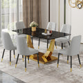 Table And Chair Set.Modern Rectangular Dining Table With Black Textured Stickers Glass Tabletop And Gold Plated Metal Legs.Paried With 6 Comfortable Chairs With Pu Seats And Black Metal Legs. Black Gold,Light Gray Seats 6 Glass Metal
