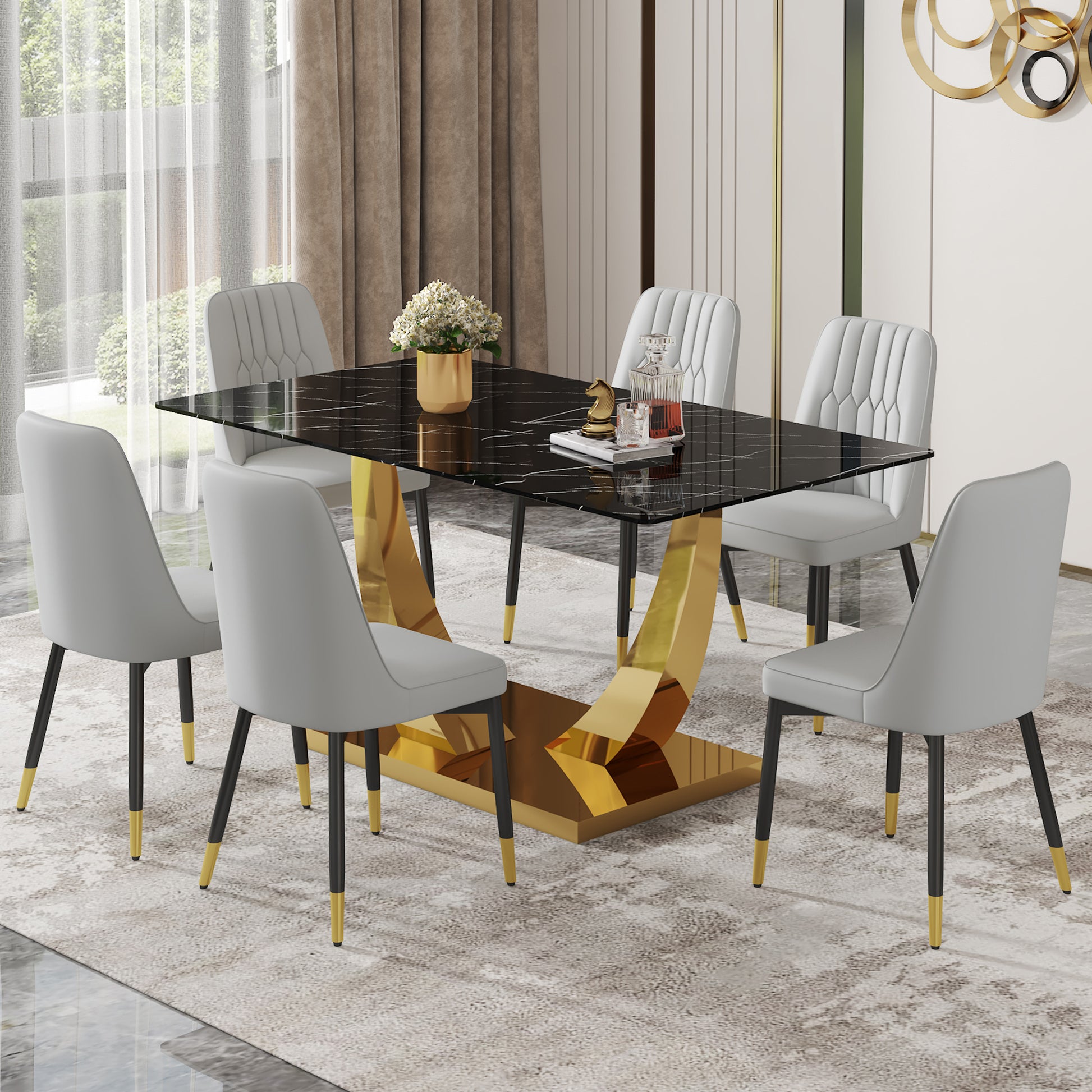 Table And Chair Set.Modern Rectangular Dining Table With Black Textured Stickers Glass Tabletop And Gold Plated Metal Legs.Paried With 6 Comfortable Chairs With Pu Seats And Black Metal Legs. Black Gold,Light Gray Seats 6 Glass Metal