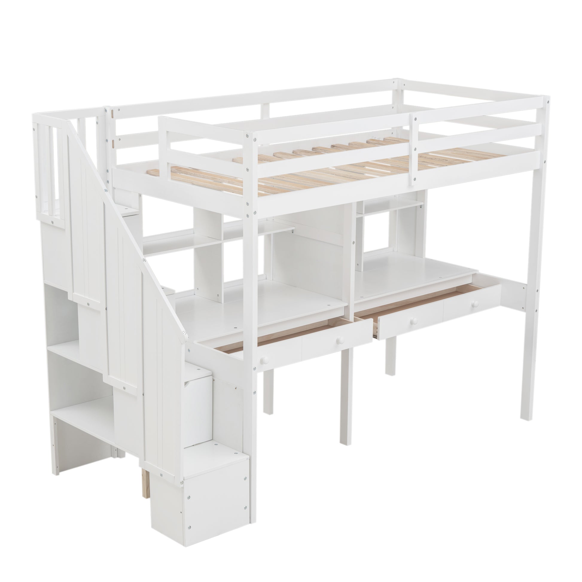 Twin Size Loft Bed Frame With Storage Staircase And Double Desks And Shelves,White Twin White Solid Wood Mdf