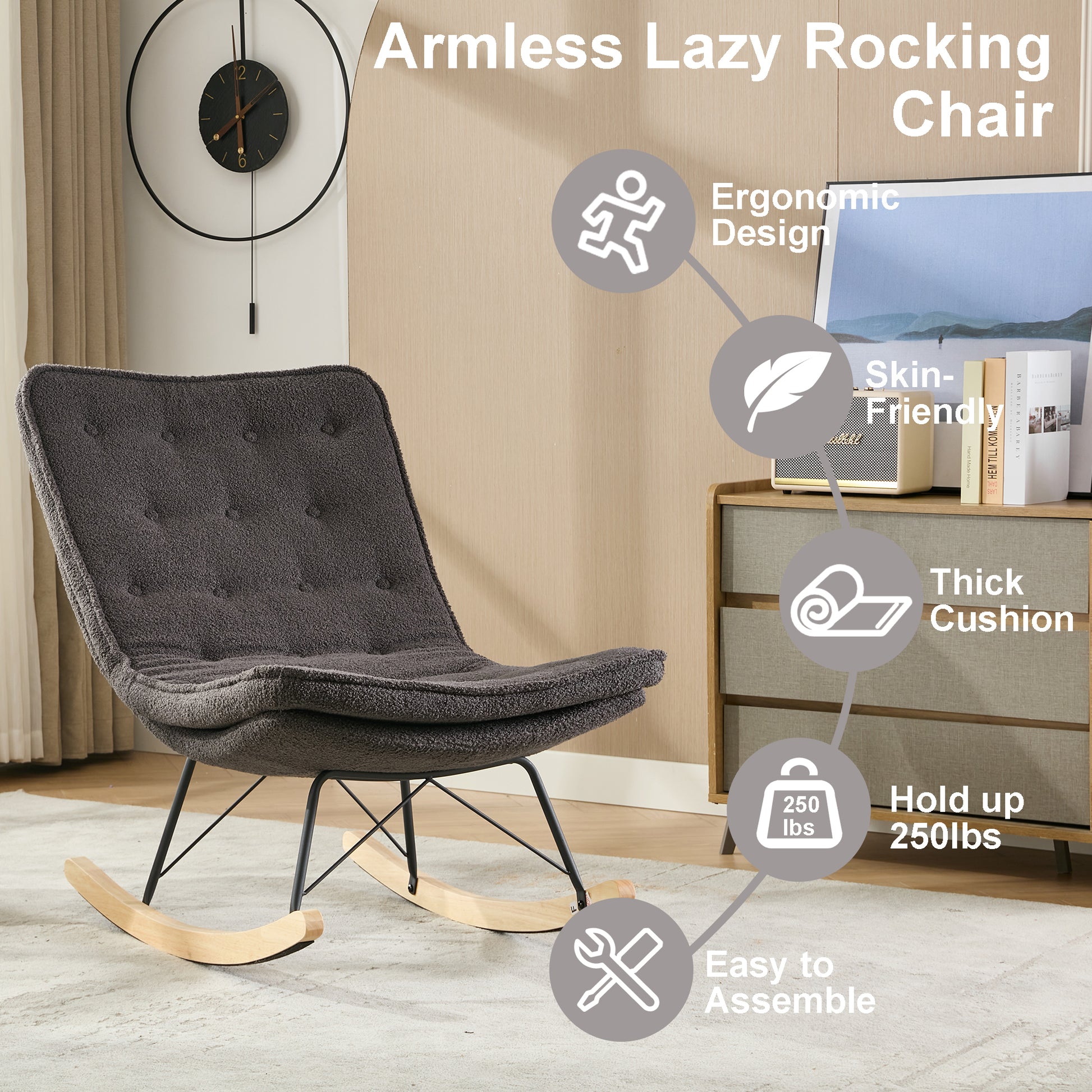 Lazy Rocking Chair,Comfortable Lounge Chair With Wide Backrest And Seat Wood Base, Upholstered Armless Rocker Chair For Living Room, Balcony,Bedroom And Patio Porch. Grey Cushion Iron Grey Primary Living Space Sponge Square Casual Rocking Chairs