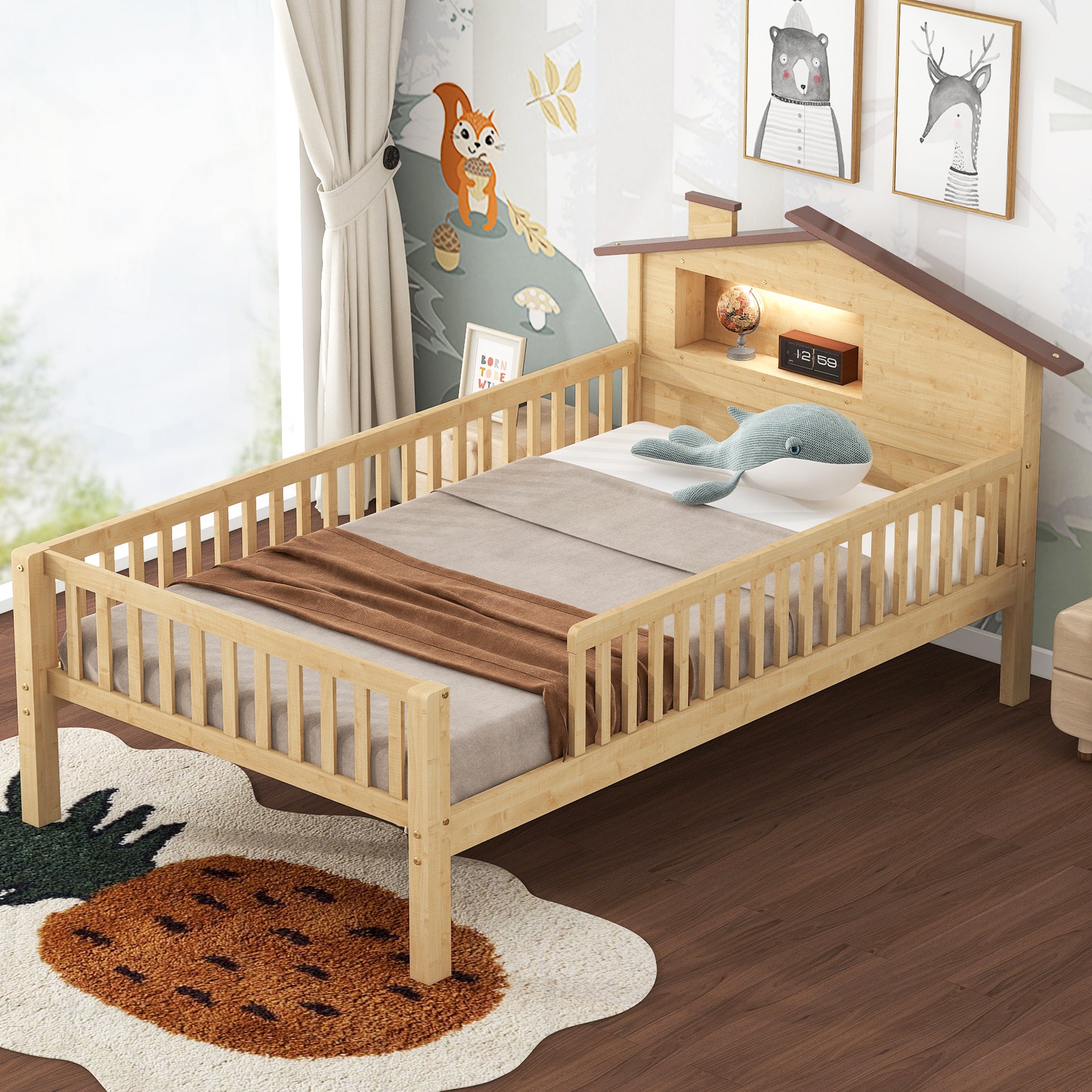 Twin Size Wood Platform Bed With House Shaped Headboard, Led And Built In Storage, Natural Box Spring Not Required Twin Natural Wood Bedroom Bed Frame Wood