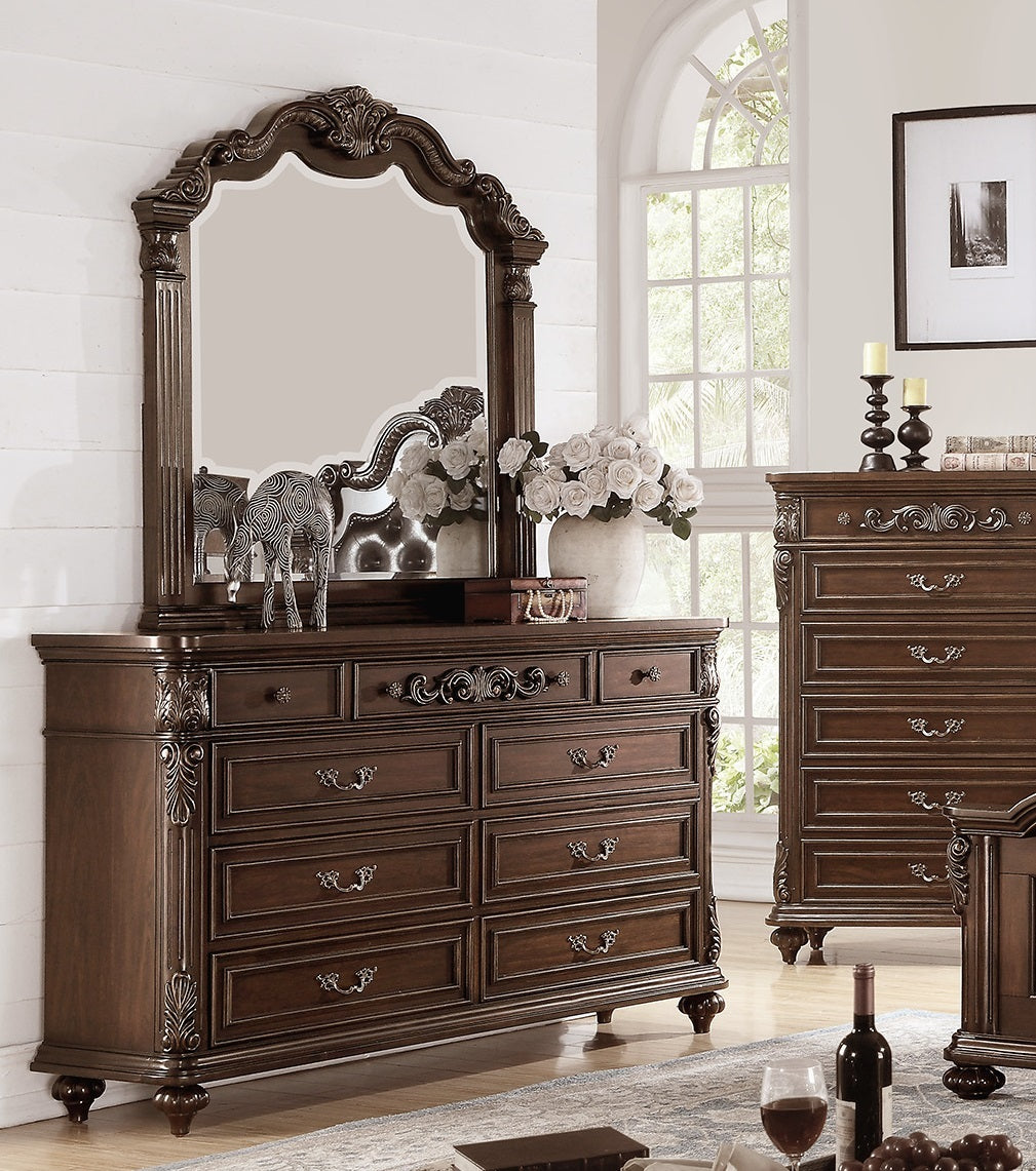 Traditional Formal Antique Cherry Antique Walnut Unique Design Dresser W Mirror Drawers Storage Bedroom Furniture Walnut Brown Bedroom Contemporary,Luxury,Traditional Rubberwood Particle Board Mdf