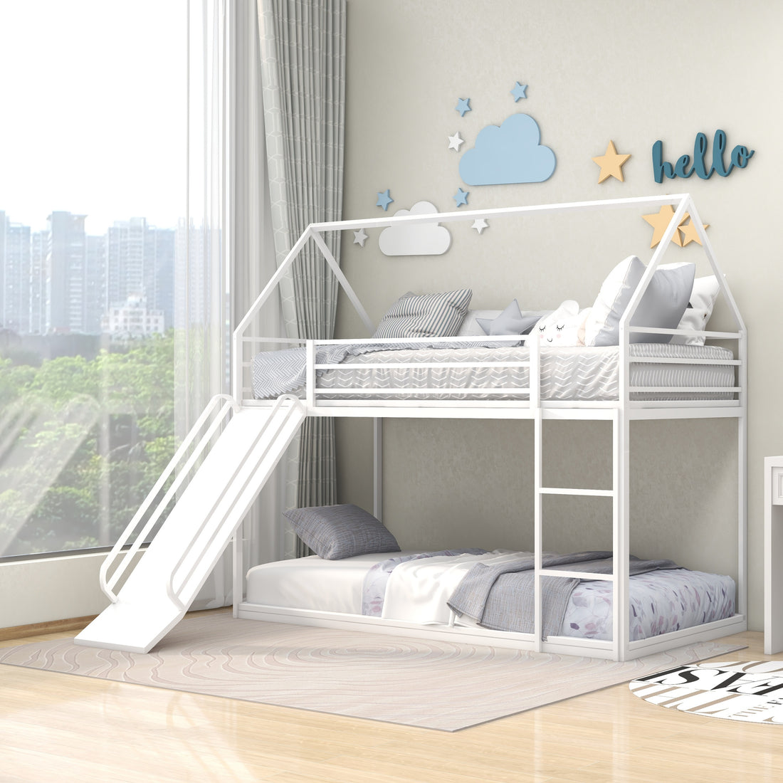 Twin Over Twin House Bed With Ladder And Slider Twin White Steel