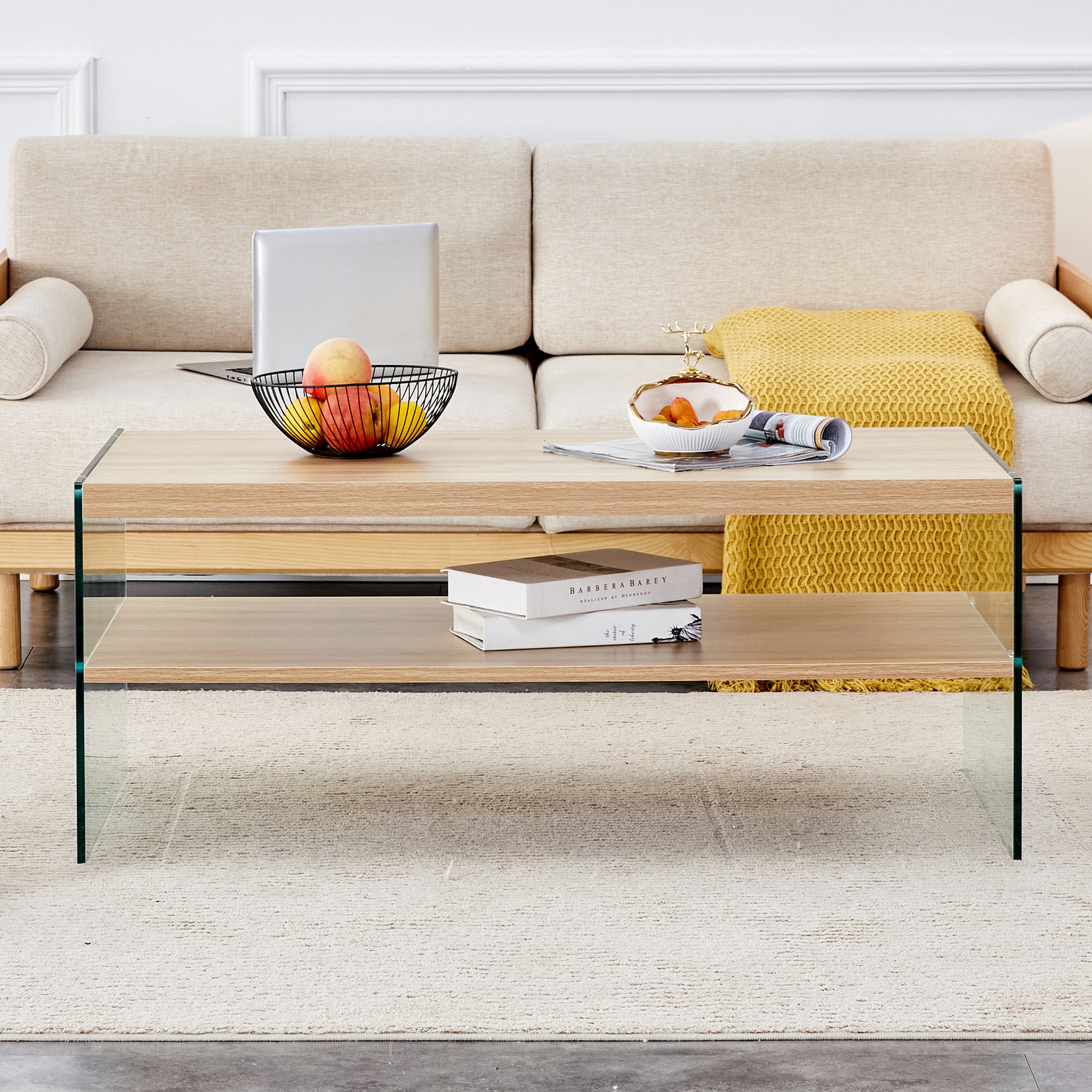 Double Layered Rectangular Coffee Table.The Board Is Made Of Mdf With Wooden Stickers, With Transparent Tempered Glass On Both Side.Suitable For Various Occasions Such As Living Rooms And Bedrooms. Wood Mdf Glass