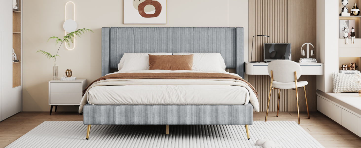 Queen Size Corduroy Platform Bed With Metal Legs, Gray Old Sku:Wf300238Aae Queen Gray Corduroy