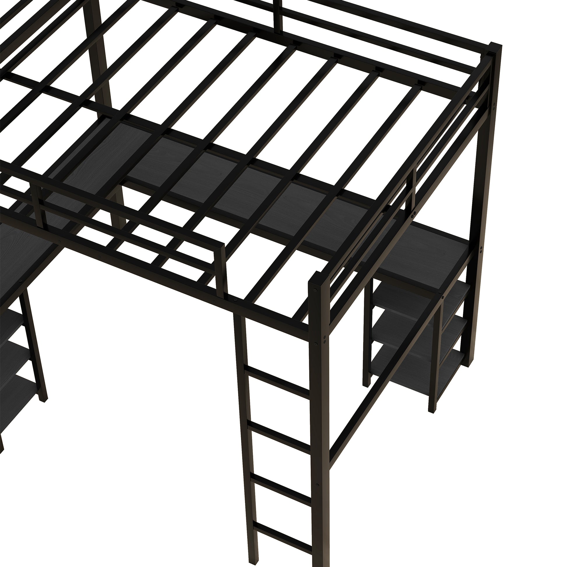 Full Metal Loft Bed With Desk And Shelves, Loft Bed With Ladder And Guardrails, Loft Bed Frame For Bedroom, Black With Black Desk Full Black Metal