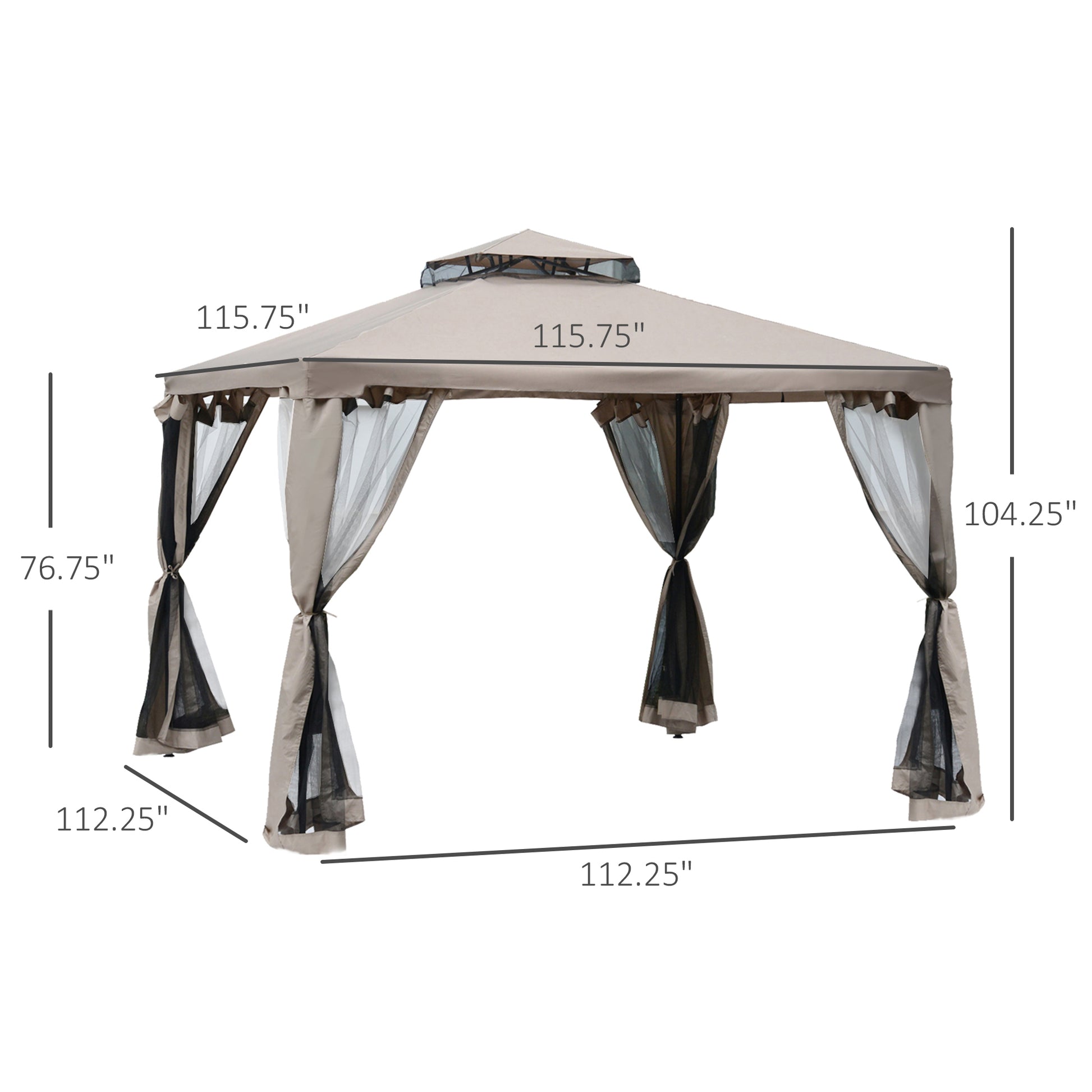 Outsunny 9.6' X 9.6' Patio Gazebo, Outdoor Canopy Shelter With 2 Tier Roof And Netting, Steel Frame For Garden, Lawn, Backyard, And Deck, Taupe Brown Steel