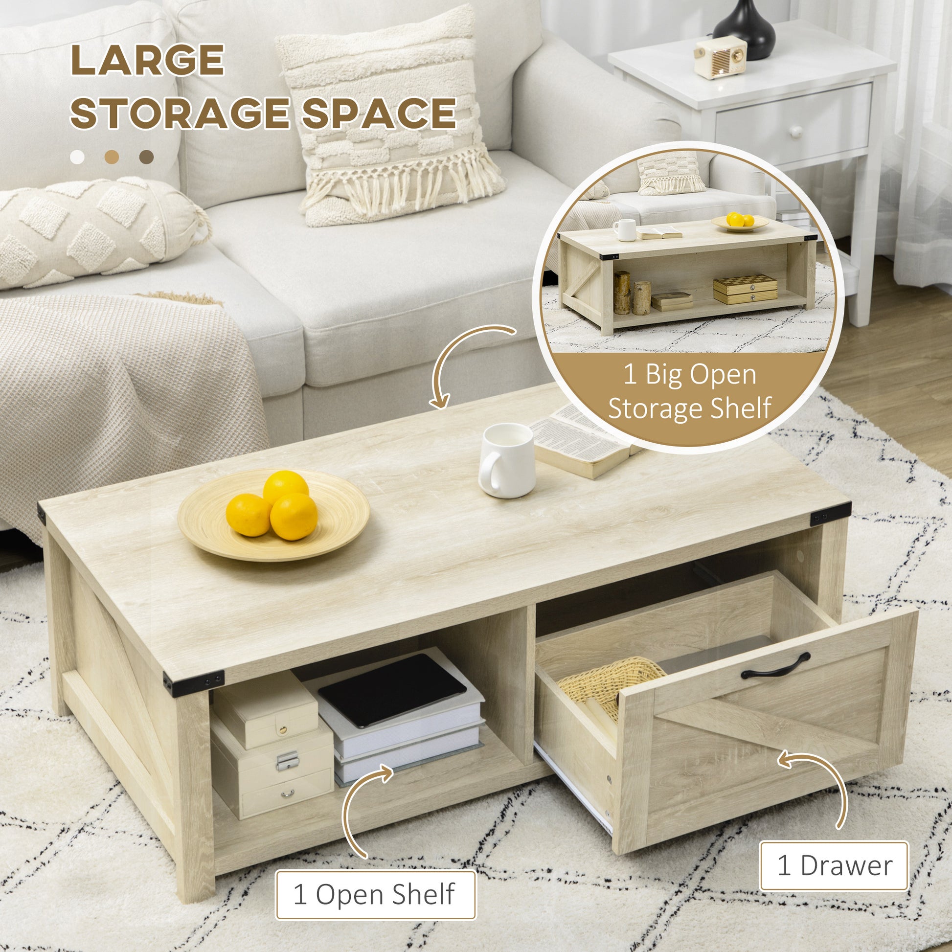 Homcom Farmhouse Coffee Table With Storage And Drawer, Rustic Coffee Table For Living Room, Open Shelf, Pale Oak Natural Particle Board