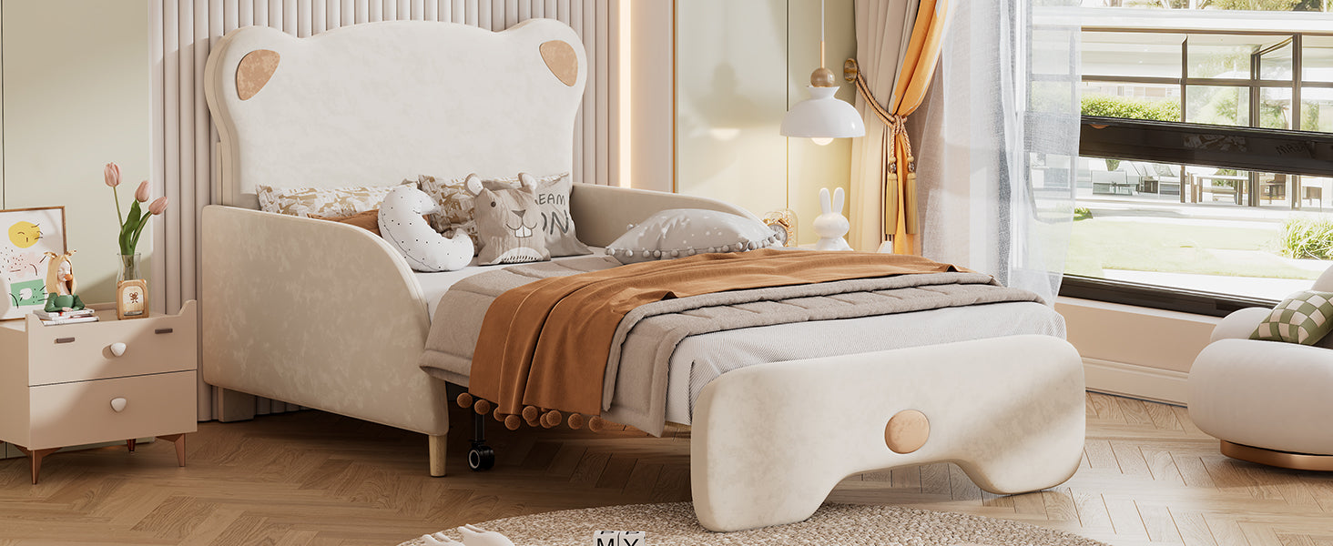 Twin Xl Size Upholstered Stretchable Vaulted Sofa Bed, Bear Shaped Headboard, Beige Expected Arrival Time: 10.3 Box Spring Not Required Twin Xl Beige Wood Bedroom Bed Frame Upholstered