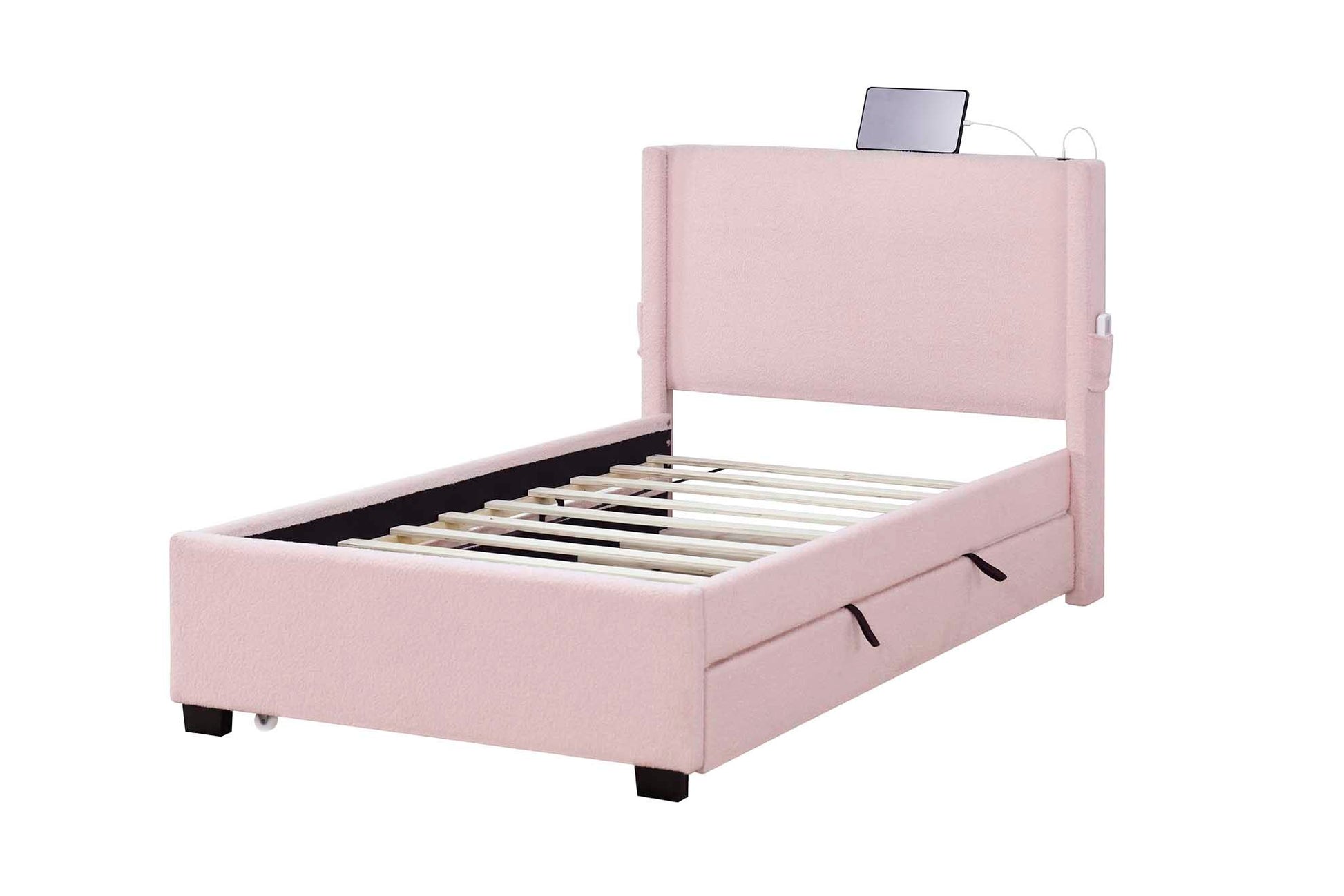 Pink Twin Size Upholstered Bed Frame With Trundle Bed, Teddy Fabric, Usb Functionality, And A Pocket Design On The Side Of The Headboard For Storing Small Items. Pink Is A Girl'S First Choice Box Spring Not Required Twin Baby Pink Wood Espresso Bedroom