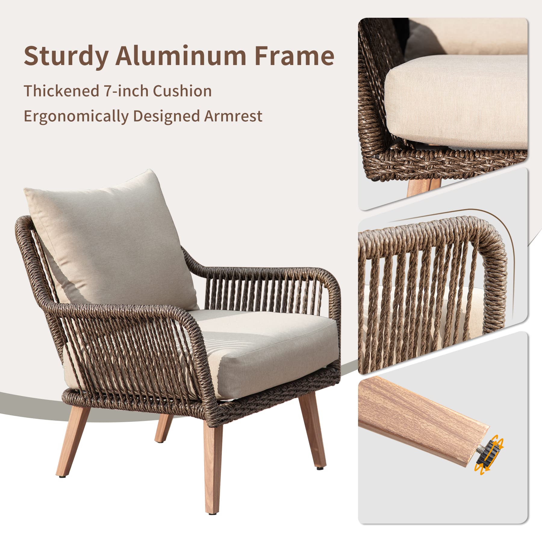 Patio Conversation Sets 4 Pieces, Handwoven Rattan Wicker Aluminum Frame Outdoor Patio Set, All Weather Modern Rope Patio Loveseat With Coffee Table For Garden Balcony Deck Poolside Porch Khaki Yes Khaki Garden & Outdoor Multiple Chairs Seating Group