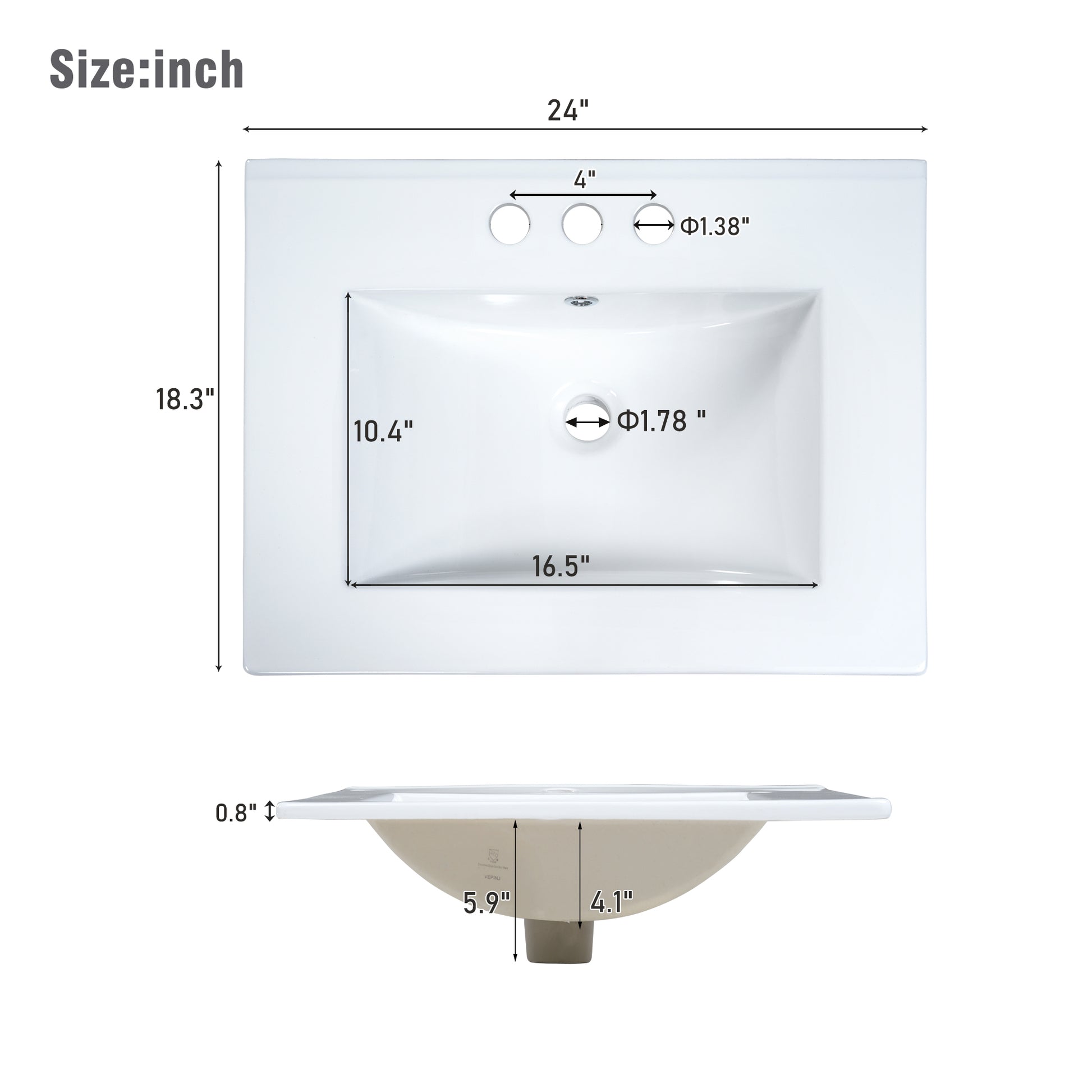 24 Inch Bathroom Vanity Cabinet With Ceramic Sink, 2 Drawers, 1 Door White Bathroom Solid Wood Mdf