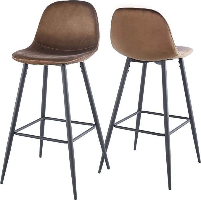 Bar Stools Set Of 2, 30 Inches Velvet Barstool Modern Counter Bar Height Chair With Back, Sturdy Metal Legs & Footrests, Easy Assembly, Island Stool For Kitchen Bar Brown Velvet