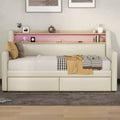 Twin Size Daybed With Storage Drawers, Upholstered Daybed With Charging Station And Led Lights, Beige Old Item W1580S00022 Twin Beige Pu Leather