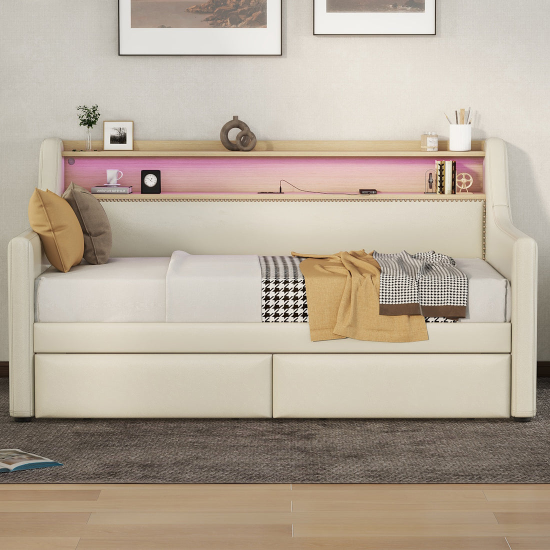 Twin Size Daybed With Storage Drawers, Upholstered Daybed With Charging Station And Led Lights, Beige Expect Arrive Date: Jun.,20Th. Twin Beige Pu Leather