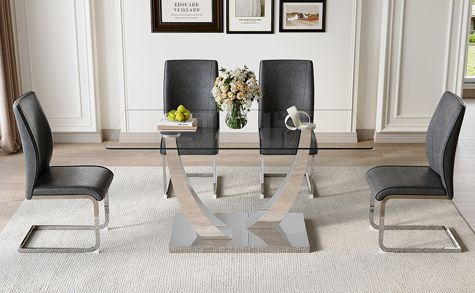 Table And Chair Set.Modern Dining Table,Tempered Glass Tabletop And Silver Colored Leg.Paired With 4 Soft And Comfortable Dark Gray Pu Chair, Perfect For Dinner, Meetings, Home And Office Decor.
