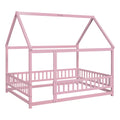 Full Size Floor Wooden Bed With House Roof Frame, Fence Guardrails ,Pink Full Pink Pine