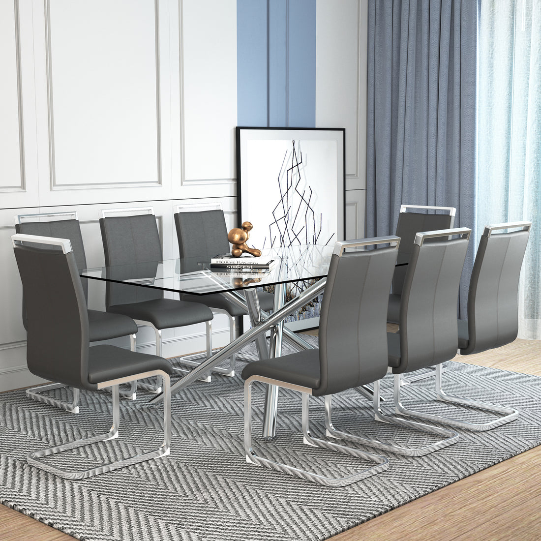 Table And Chair Set.Modern Luxurious Transparent Tempered Glass Dining Table Set.Paried With 8 Dark Gray Chairs With Pu Cushion And Silver C Tube Metal Legs. Dark Gray,Transparent Seats 8 Glass