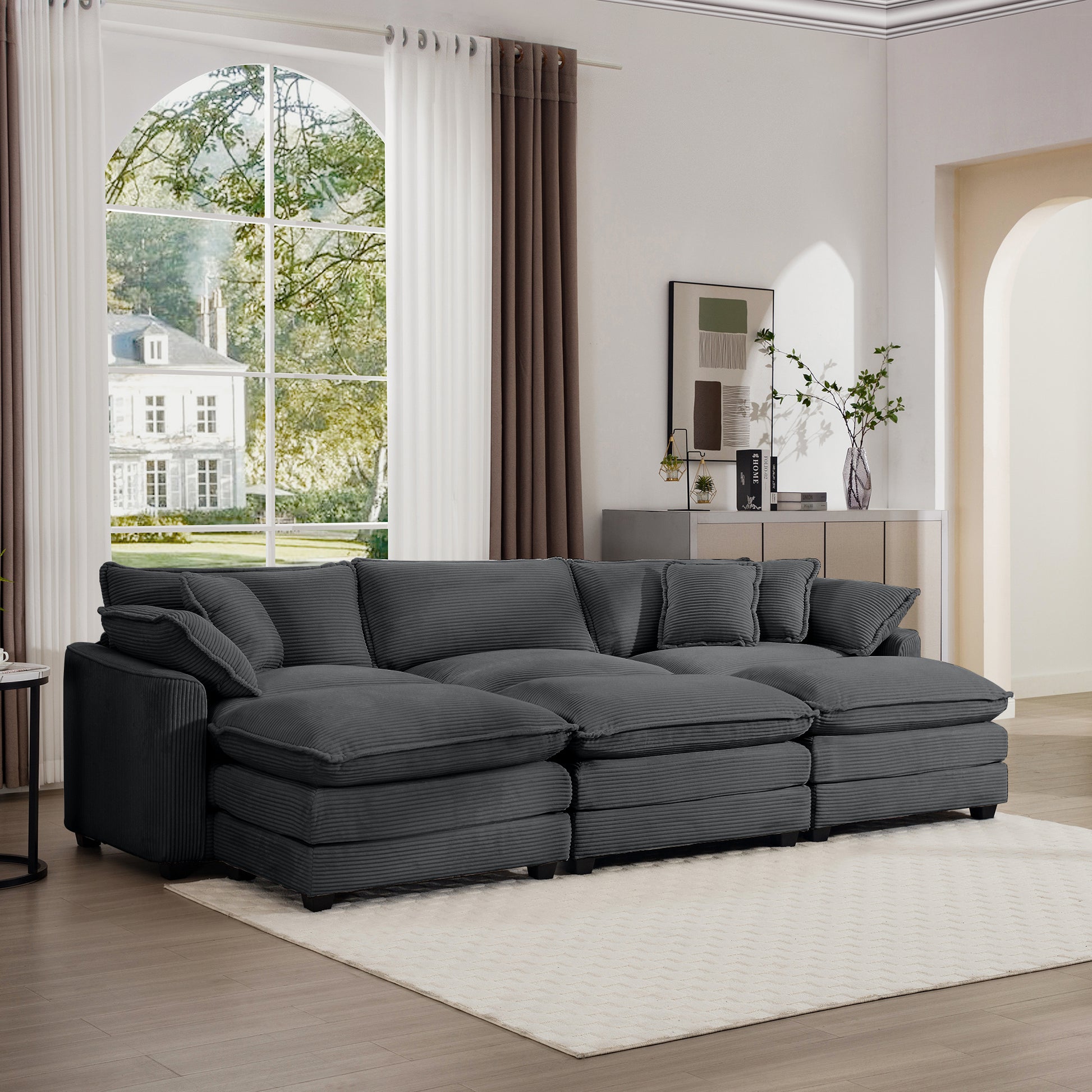 Oversized Modular Cushion Sofa, Portable Ottoman, L Shaped Corner Low Back Deep Seating Spacious Sofa Setfor Home Apartment Living Room Set, Grey Corduroy Grey Corduroy 3 Seat