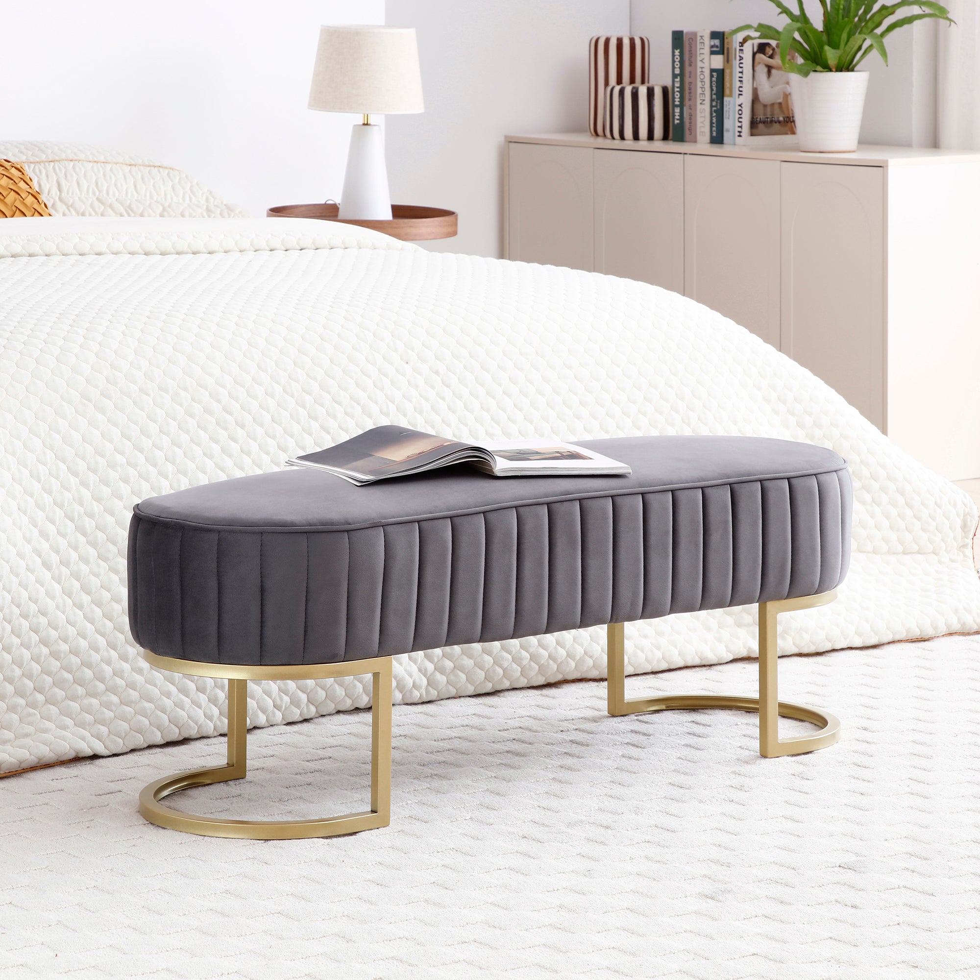 Bench Bedroom Bench ,Velvet Oval Upholstered End Of Bed Bench With Golden Metal Legs ,48" Modern Storage Ottoman Bench For Bedroomliving Room, Entryway Window ,Grey Grey Velvet