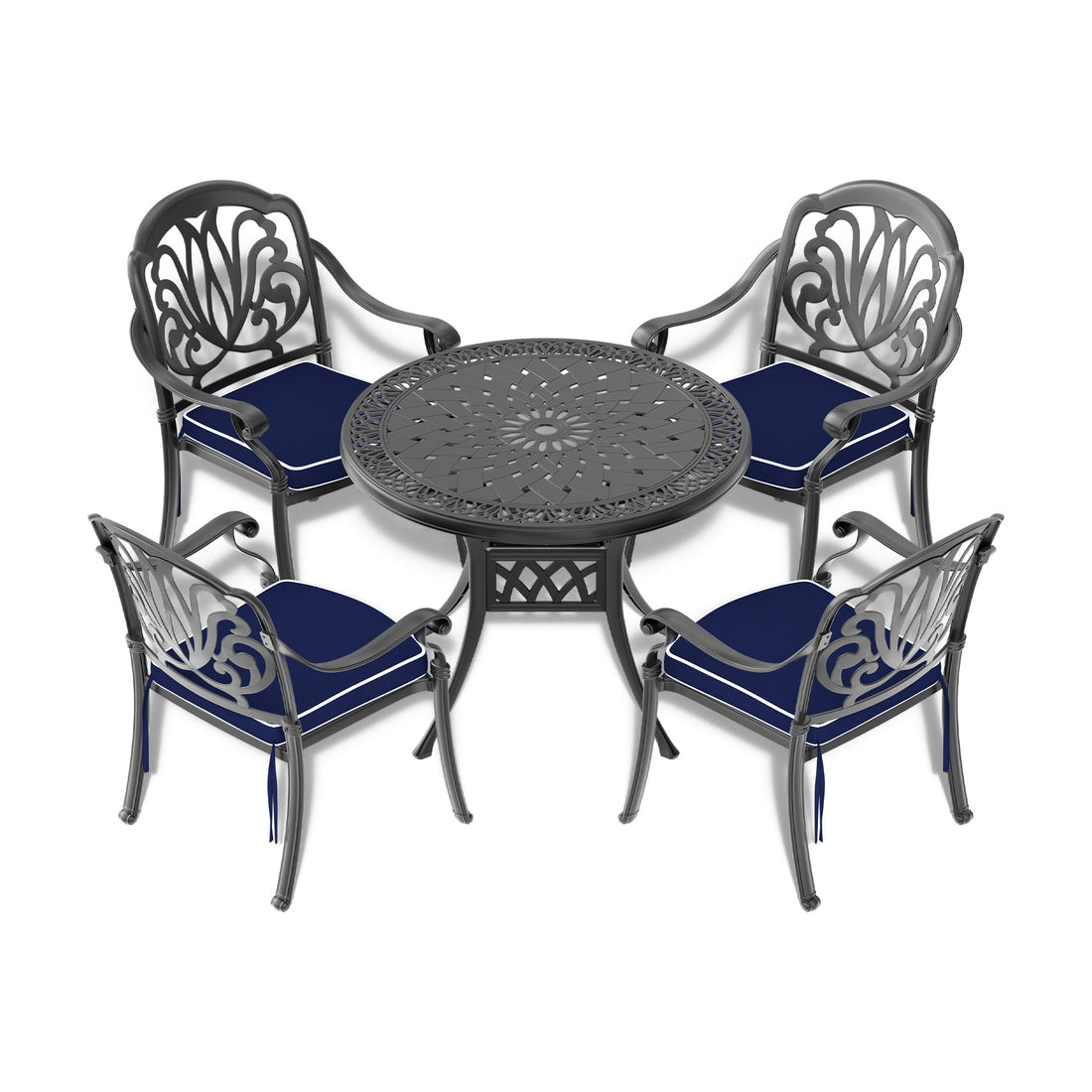 Cushions In Random Colors 5 Piece Set Of Cast Aluminum Patio Furniture With Cushions Yes Dining Set Black Seats 4 Rust Resistant Frame Water Resistant Cushion Garden & Outdoor Complete Patio Sets Aluminium