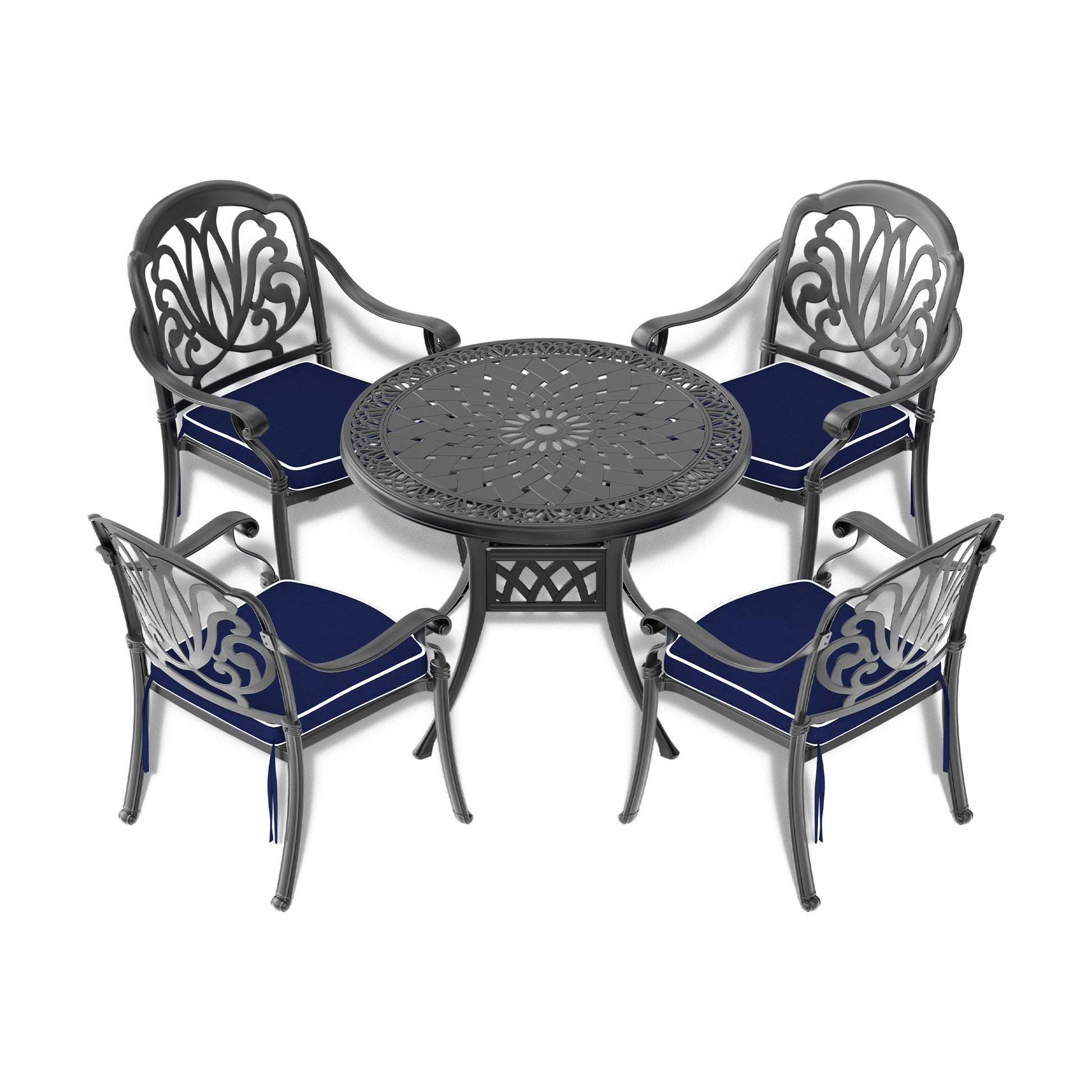 Cushions In Random Colors 5 Piece Set Of Cast Aluminum Patio Furniture With Cushions Yes Dining Set Black Seats 4 Rust Resistant Frame Water Resistant Cushion Garden & Outdoor Complete Patio Sets Aluminium