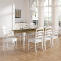 Vintage Traditional 9 Piece 82.7Inch Extendable Dining Table Set With 23.6Inch Removable Leaf And 8 Upholstered Dining Chairs For 8, Brown Cream Wood Dining Room Distressed Finish Rubberwood Rectangular Dining Table With Bench Wood Wood Cream Brown Seats