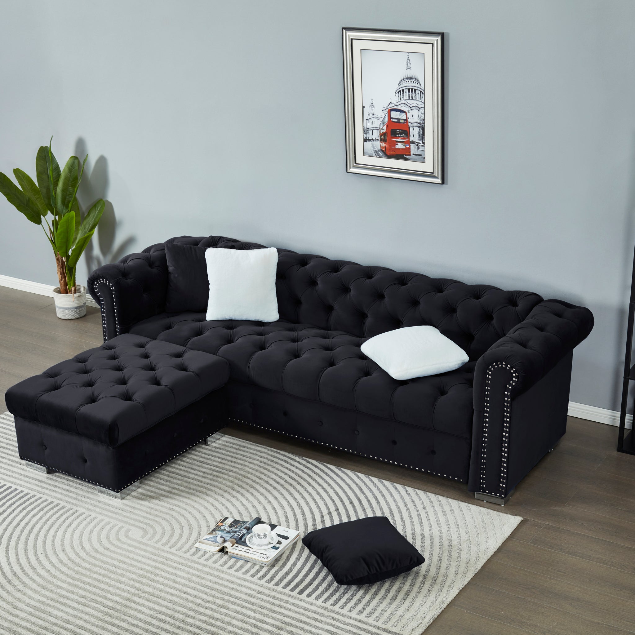 Reversible Sectional Sofa 4 Seater Oversized Convertible L Shaped Couch Velvet Sofa Couch Black Velvet 4 Seat