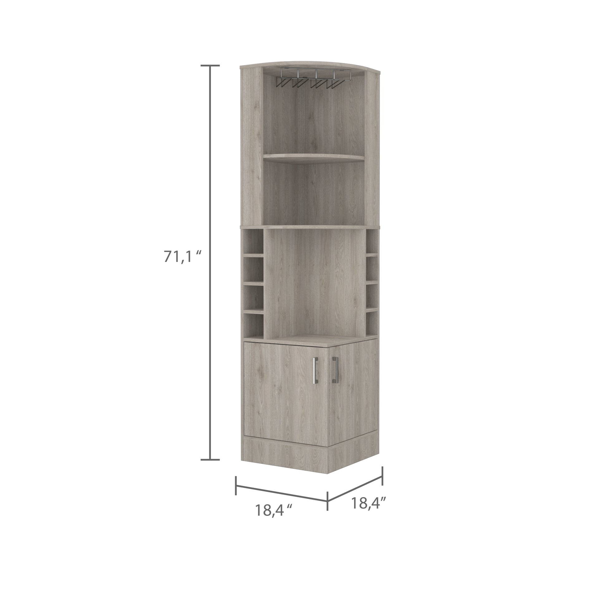 Syrah Corner Bar Cabinet, Eight Bottle Cubbies, Double Door, Two Open Shelves Light Gray Light Gray Modern Particle Board Particle Board