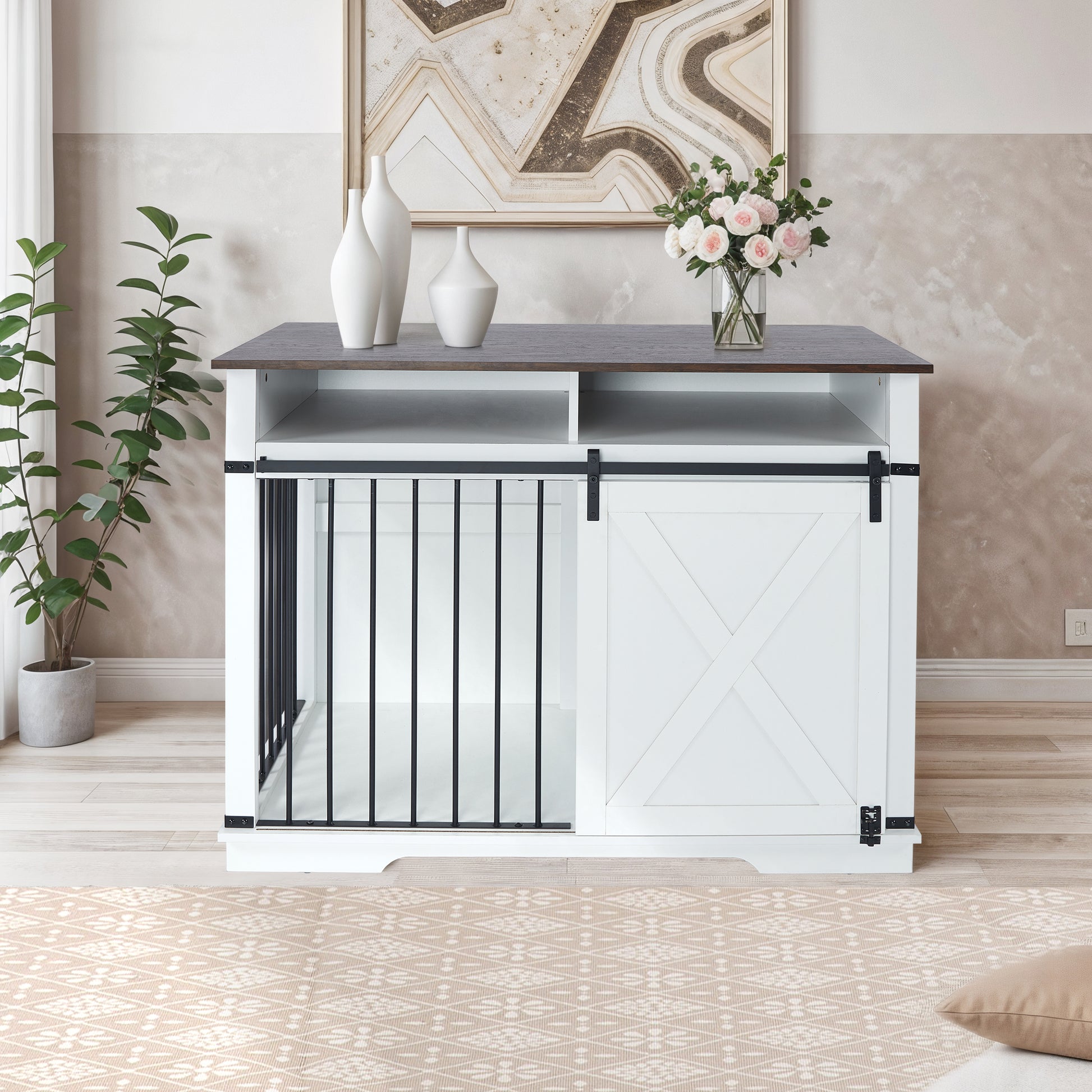 Wf005 Wh,The Dog Cage Has A Large Space White Linen