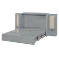 Full Size Murphy Bed Wall Bed With Drawer And Rattan Decoration With 2 Storage Cabinets, One Set Of Sockets & Usb Ports, Pulley Structure Design, Gray Full Gray Plywood