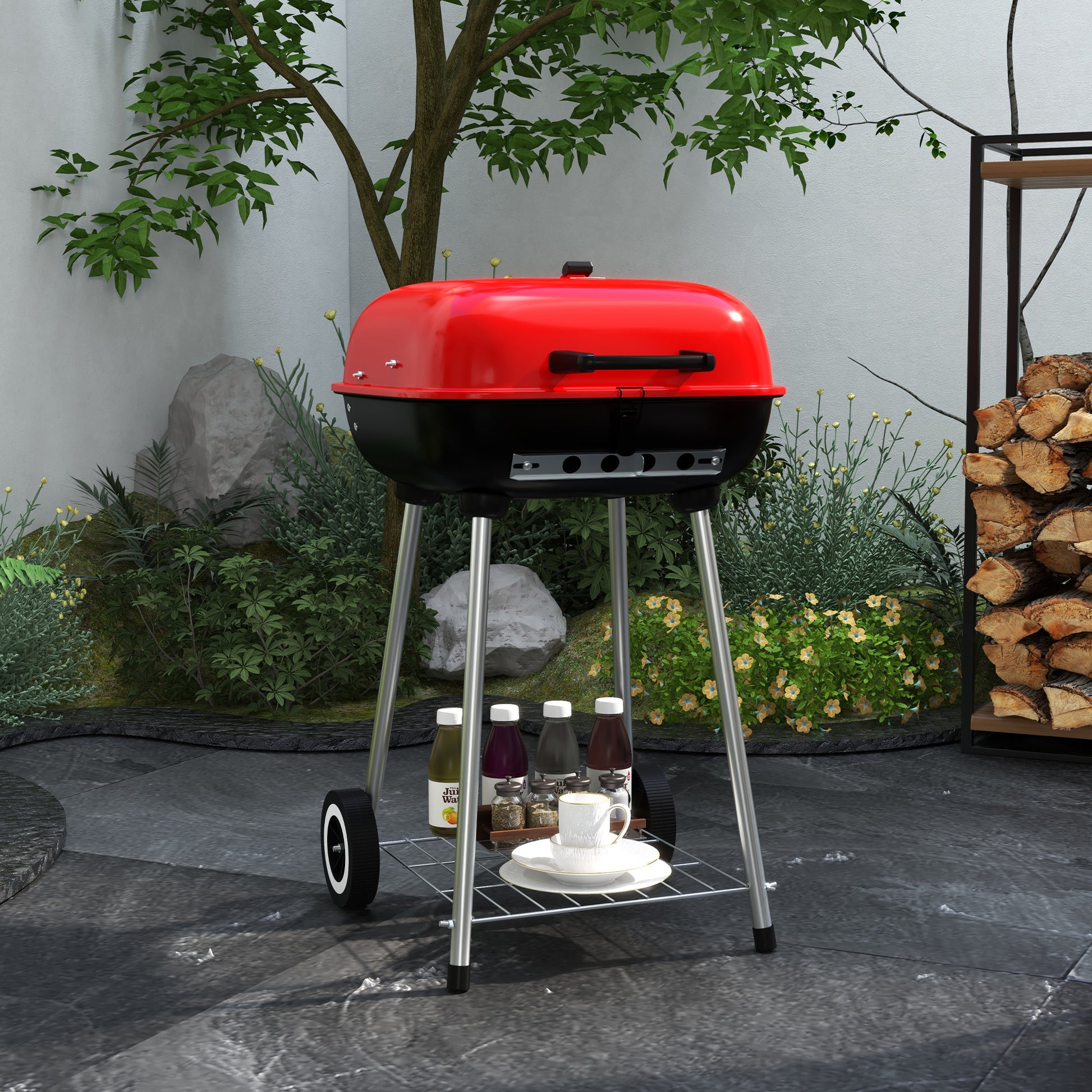 Outsunny Portable Charcoal Grill With Bottom Shelf, Bbq Smoker With Wheels And Adjustable Vents On Lid For Picnic Camping Backyard Cooking, Black Red Steel