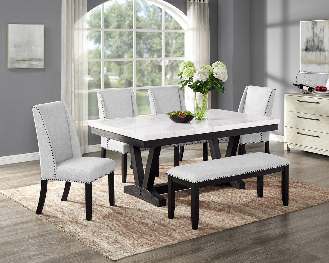6Pc Dining Set Contemporary Style White Genuine Marble Rectangular Table Top Dove Gray Upholstery Chairs Tufted Bench Black Finish Wooden Solid Wood Dining Room Furniture Wood Wood Gray Seats 6 Wood