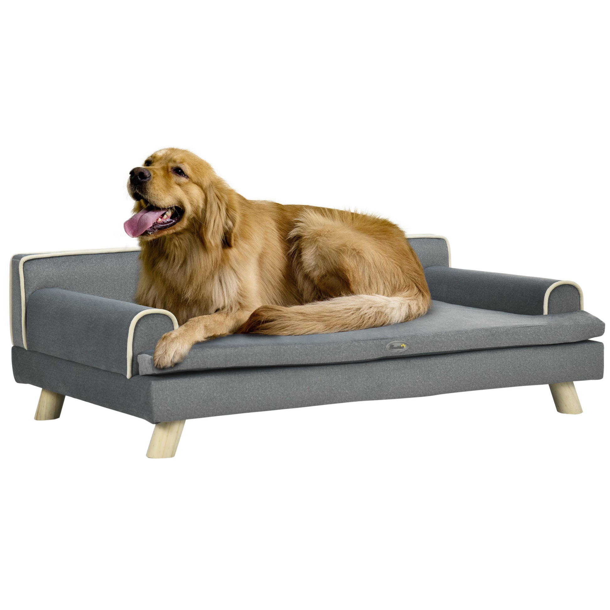 Pawhut Soft Foam Large Dog Couch For A Fancy Dog Bed, Spongy Dog Sofa Bed With Washable Cover, Wooden Legs, Elevated Dog Bed, Gray Grey Wood