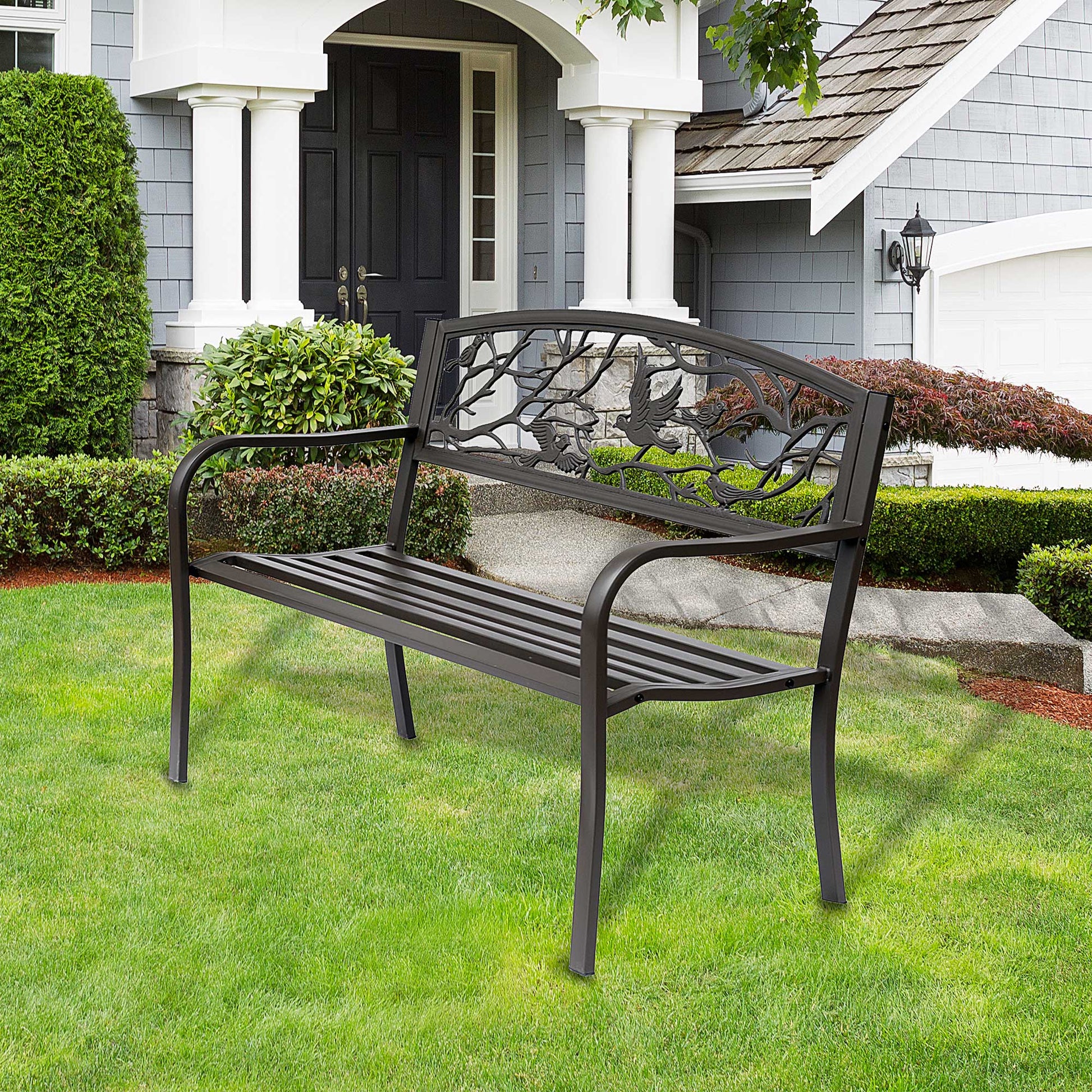 Outsunny 50" Garden Bench, Outdoor Patio Bench With Animal Pattern, Cast Steel Metal Bench For Yard, Lawn, Porch, Brown Brown Iron