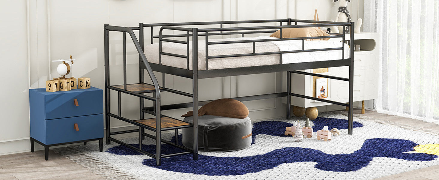 Mid Loft Bed With Storage Stairs, Twin, Black Twin Black Mdf Metal