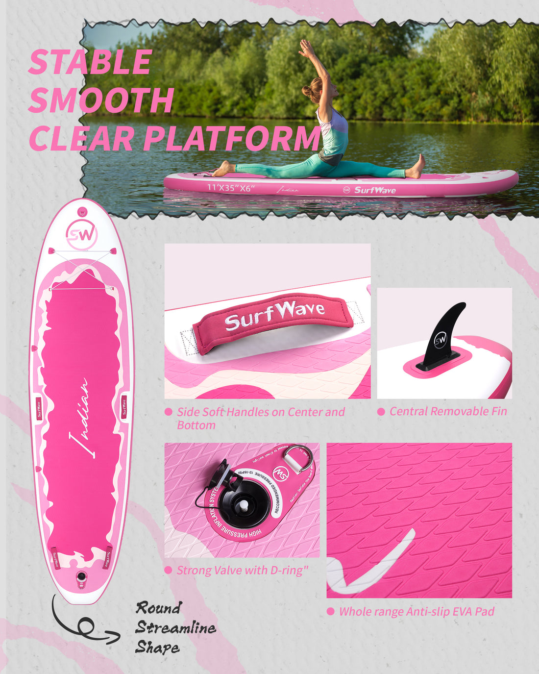 Inflatable Stand Up Paddle Board 11'X34"X6" With Accessories Water Sports Pink White Anti Slip Garden & Outdoor American Design,Beach Multifunctional Pvc