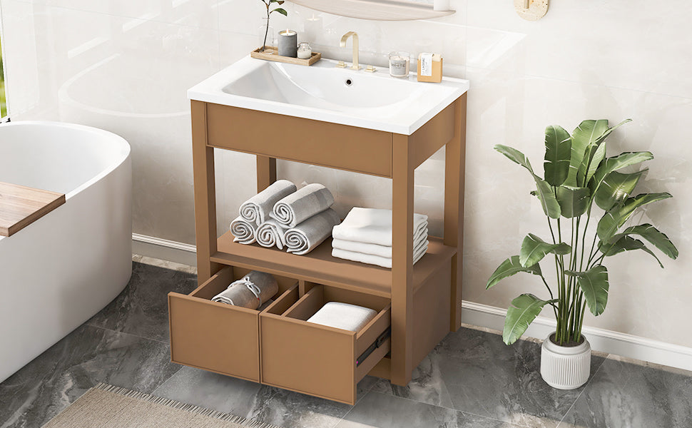 30" Bathroom Vanity With Sink Top, Bathroom Cabinet With Open Storage Shelf And Two Drawers, Brown Brown Solid Wood Mdf