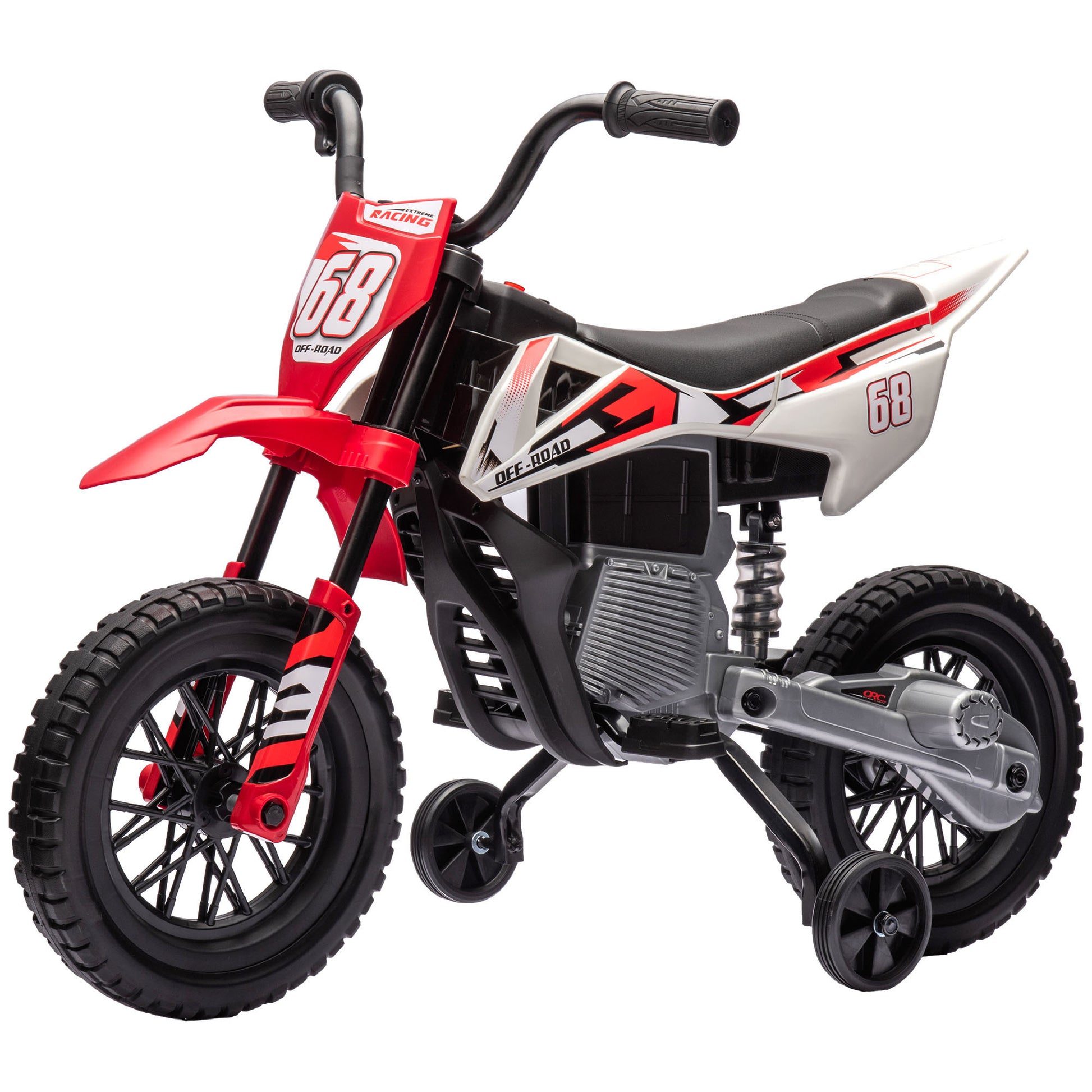 Qaba Kids Dirt Bike With Twist Grip Throttle, 12V Electric Motorcycle, Electric Bike For Toddler With Training Wheels, Rear Suspension & Music For Ages 3 6 Years, Red Red Plastic