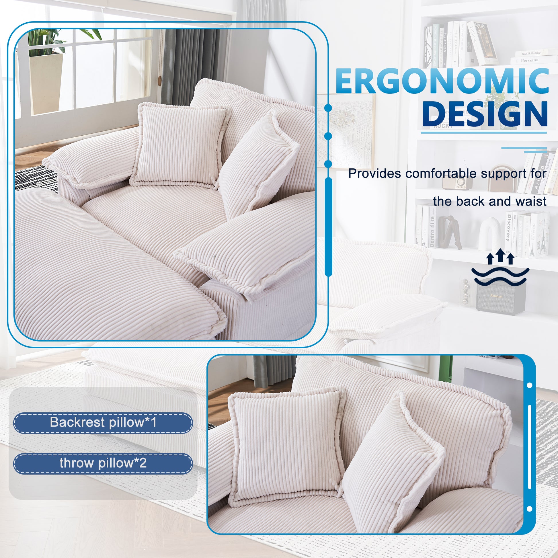 56.3 Inch Corduroy Single Sofa With 2 Toss Pillows And A Ottoman ,Comfy Sofa Deep Seat Couch For Living Room White Foam 1 Seat