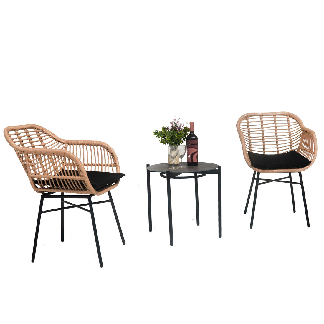 3 Pieces Of Luxury Outdoor Wicker Furniture Patio Bistro Style Table And Chair Combination,Weather Resistant Pe Wicker Weave, Stainless Steel Fame, Suitable For Garden, Terrace,Backyard Casua Yes Black Natural Seats 2 Garden & Outdoor 2 Person Seating