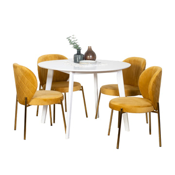 Amoa Contemporary 5 Piece Dining Set, White Round Dining Table With 4 Chairs Wood White Seats 4 White Wood Dining Room Fixed Table Rubberwood Round 4 Leg Round Dining Table With Chair Mdf
