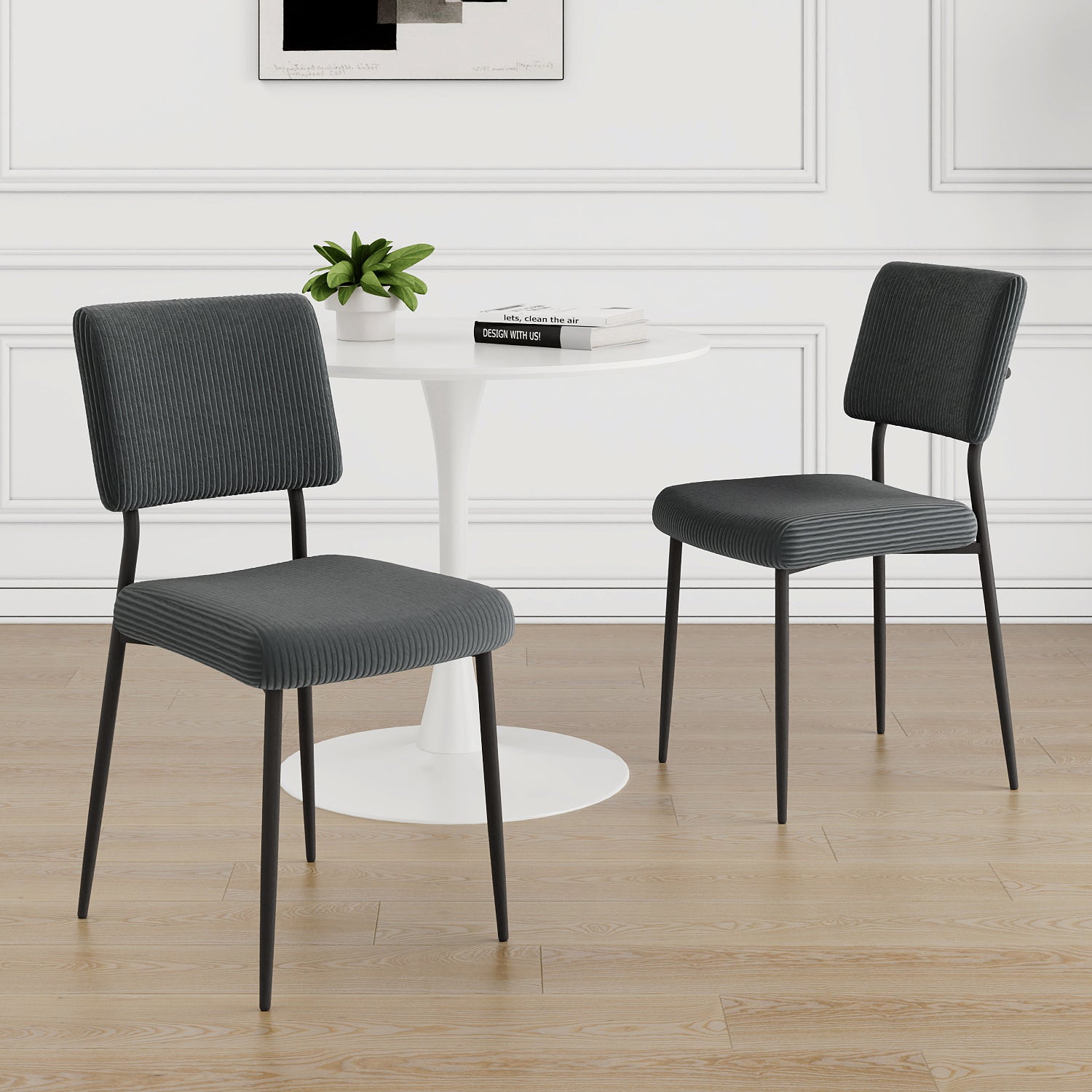 Modern Grey Simple Velvet Dining Chair Fabric Upholstered Chair Family Bedroom Stool Back Dressing, White Round Table Set, Chair Black Metal Legs Set Of 3 White Mdf