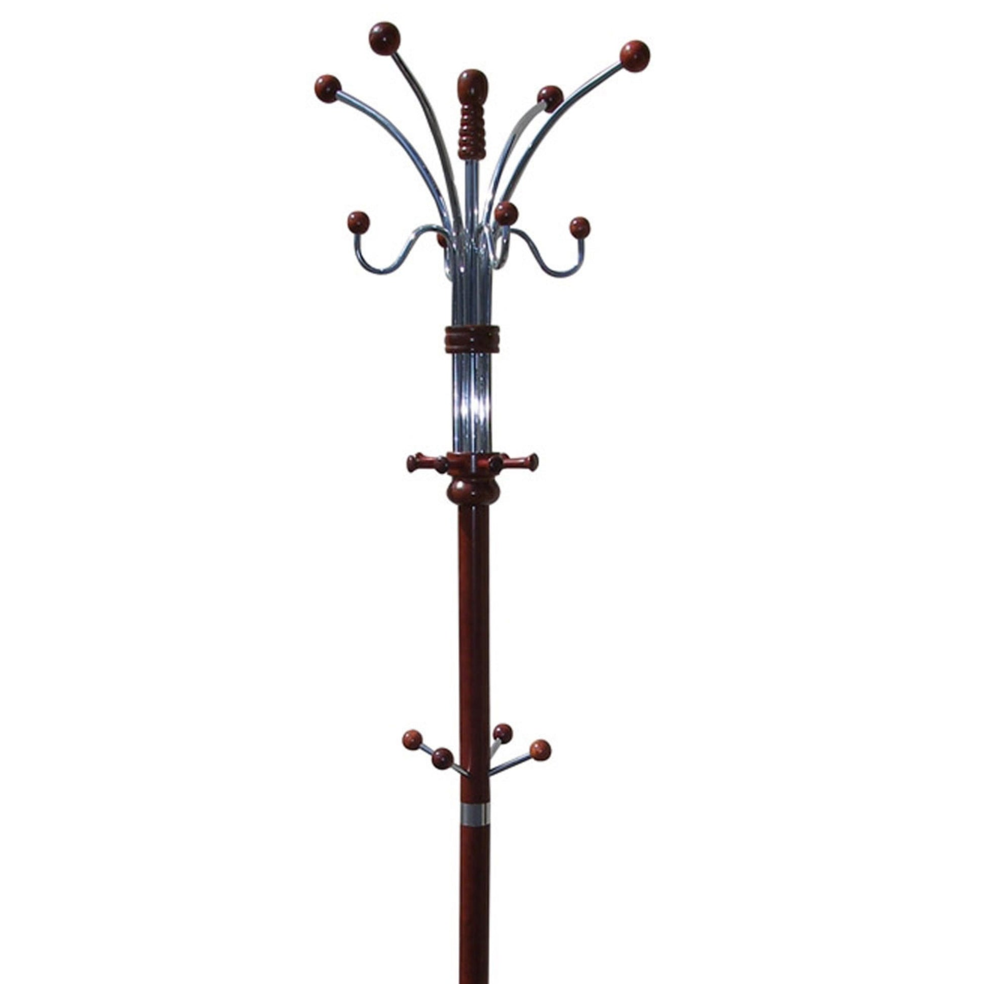 73" Tall Chrome And Wood Coat Rack, Cherry Finish Cherry Wood